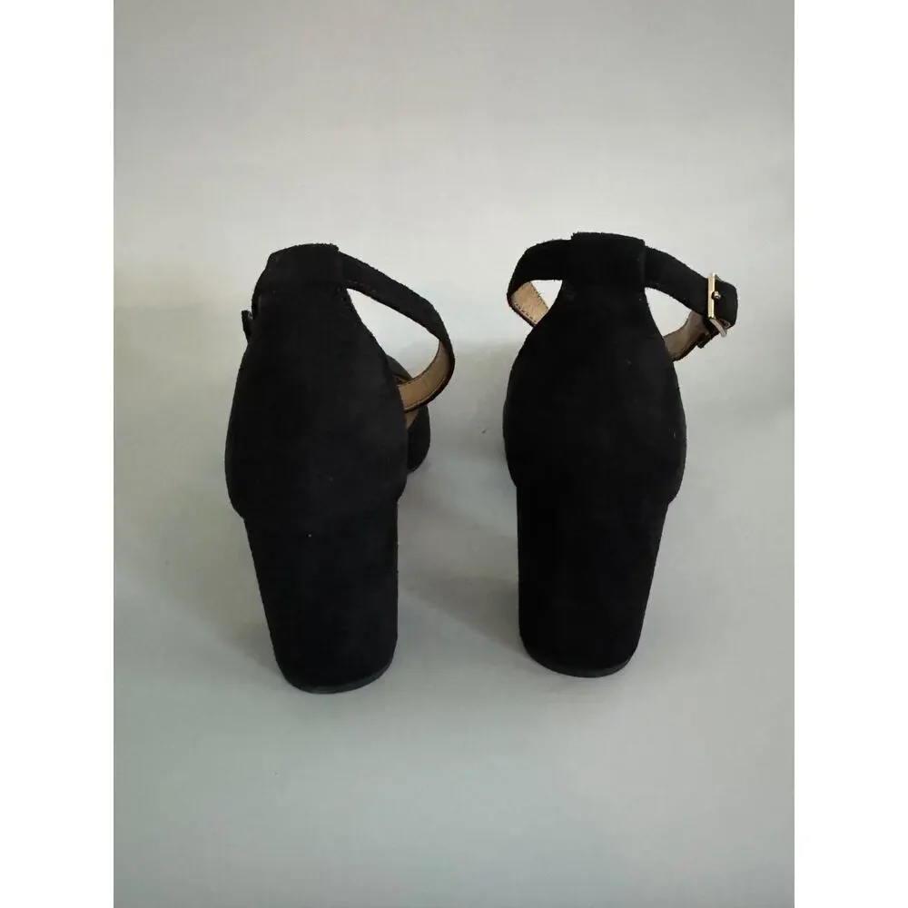 J. Crew Factory Black Suede Ankle Strap Block Heels